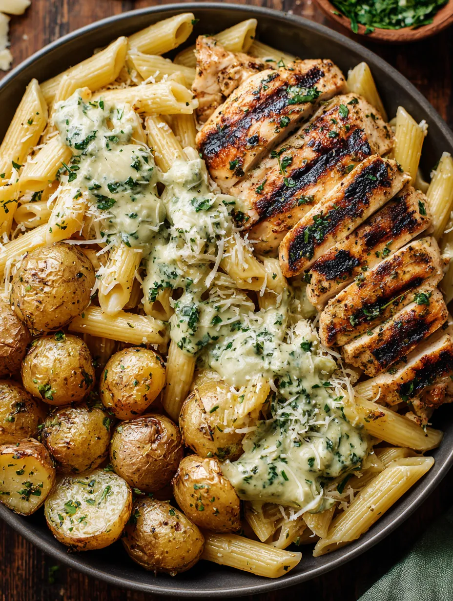 A plate of pasta with chicken and pesto.