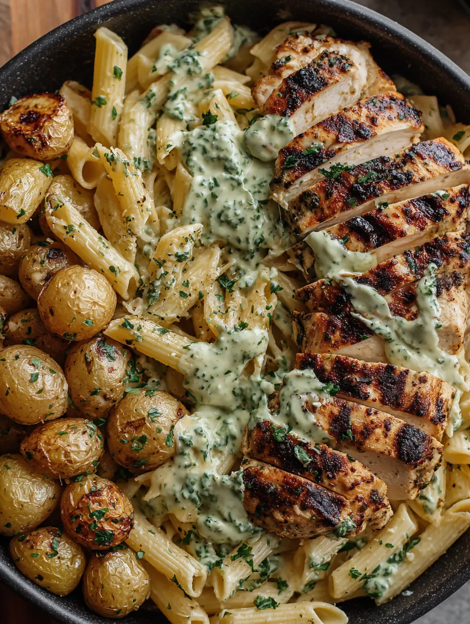 A delicious meal of grilled chicken, pasta, and creamy pesto.