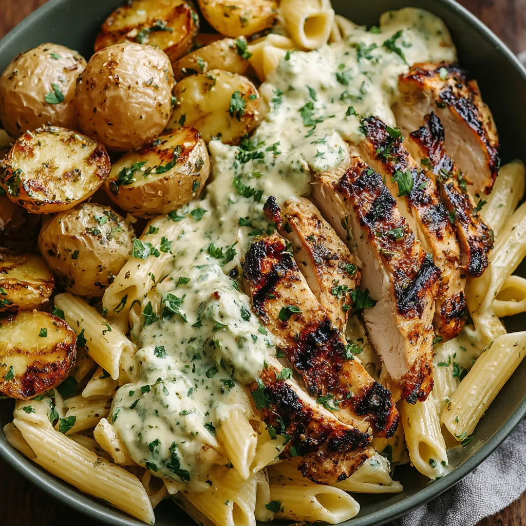 A bowl of grilled chicken with pasta and creamy pesto.