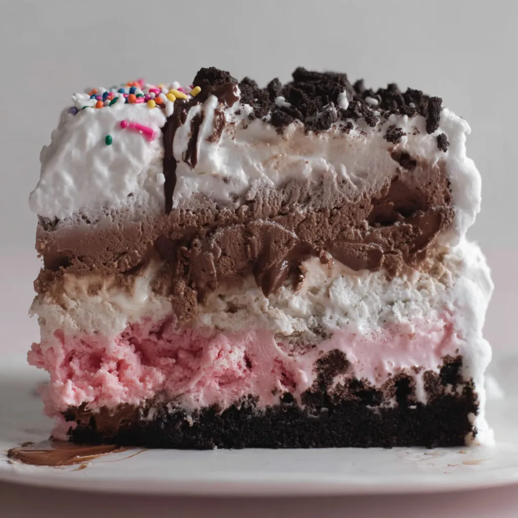 A slice of a cake with chocolate and vanilla ice cream.