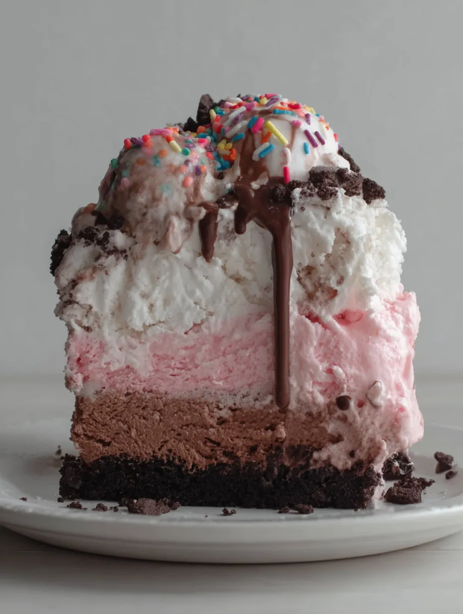 A slice of a cake with chocolate and pink frosting.