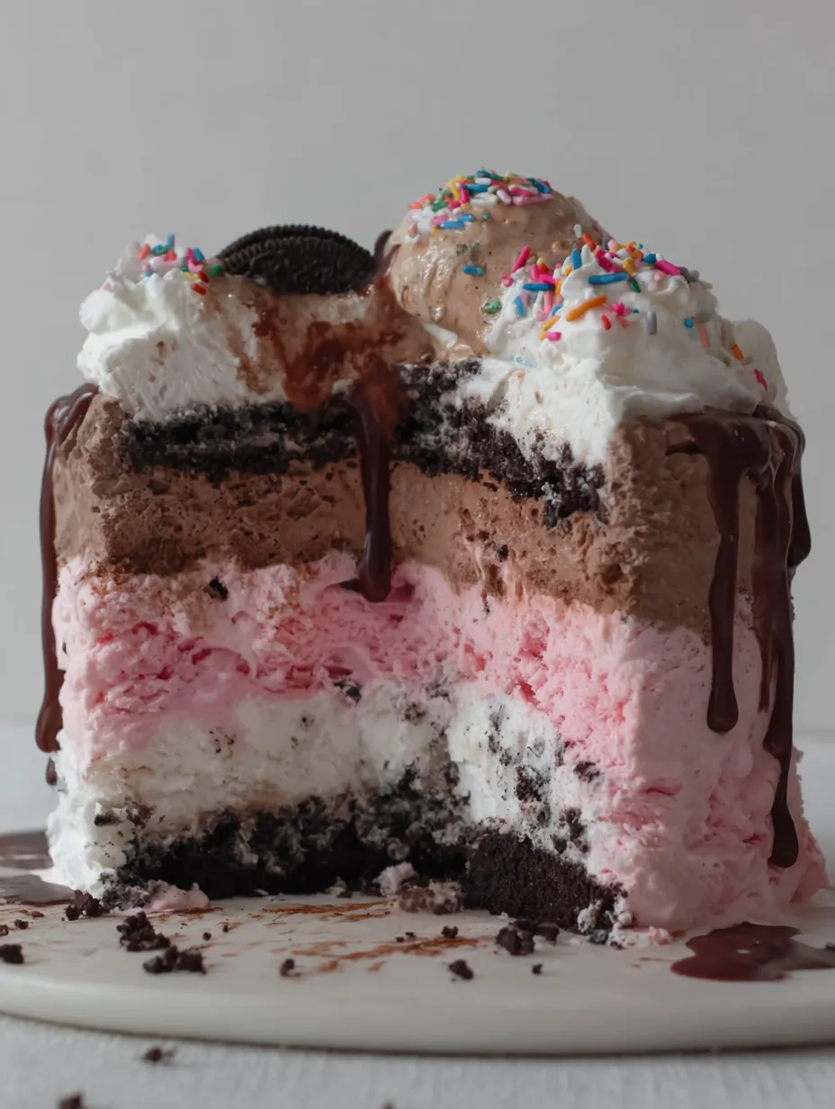 A slice of a chocolate and vanilla ice cream cake.