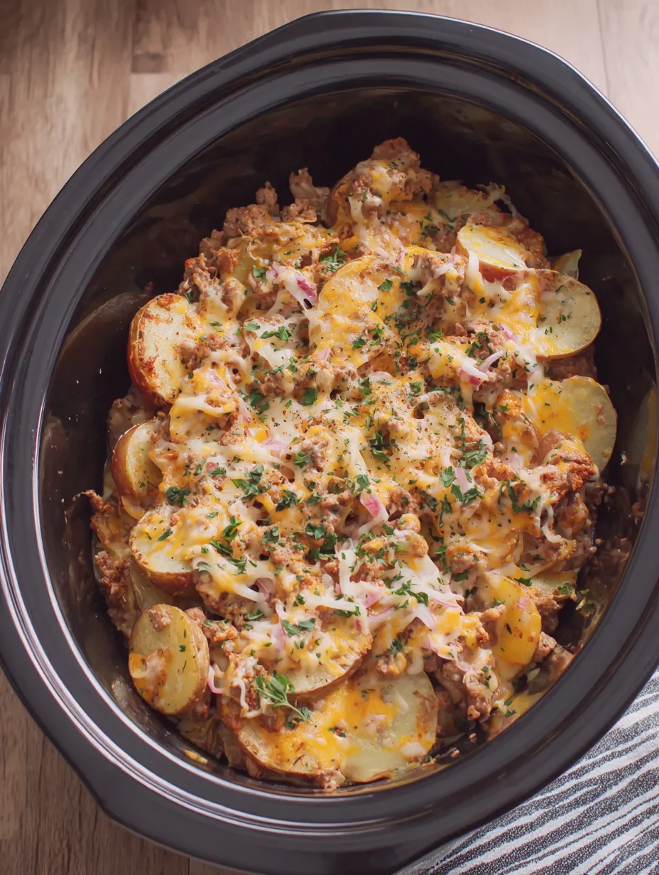 A slow cooker beef and potato au gratin.