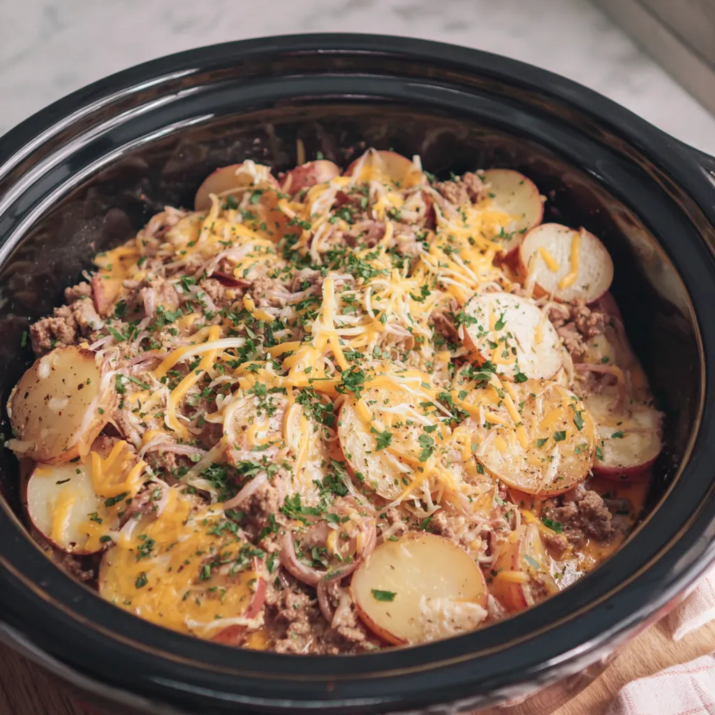 A slow cooker filled with beef and potatoes.
