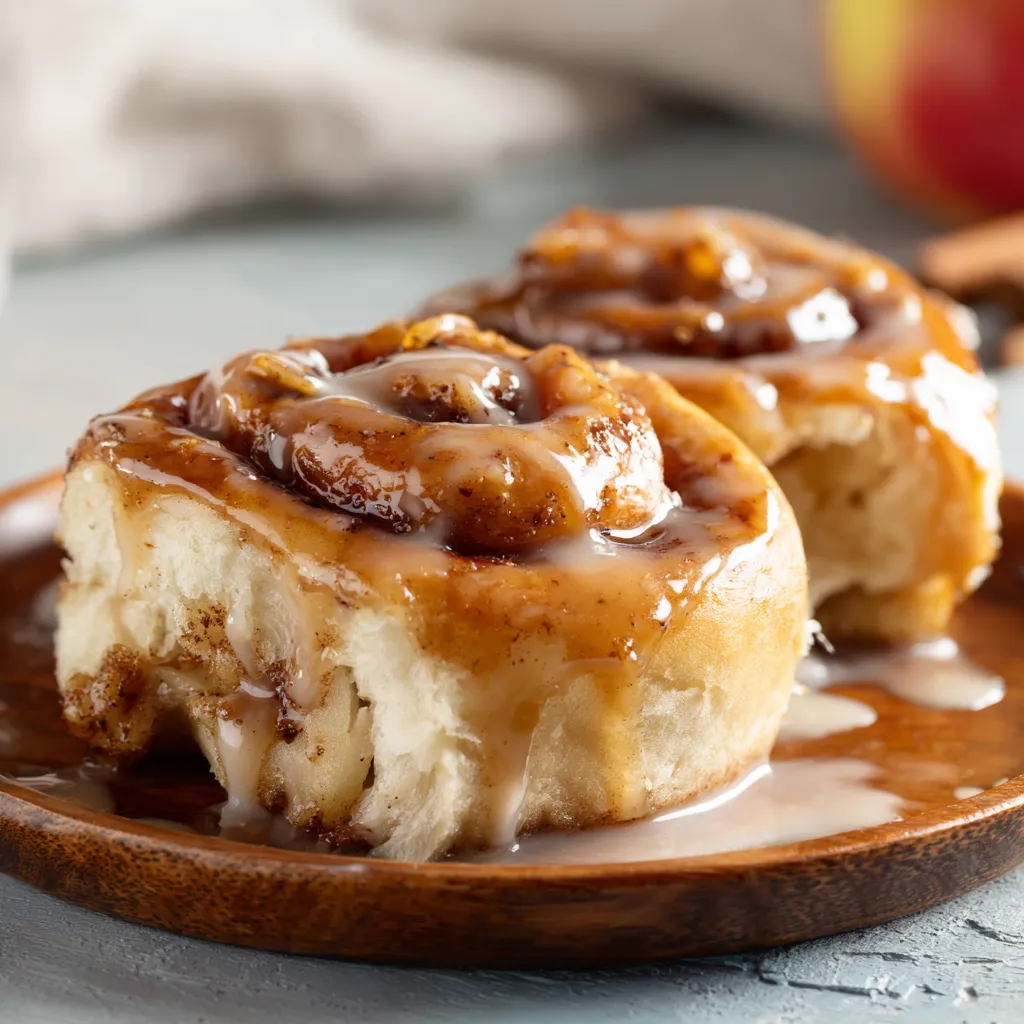 Two cinnamon rolls with icing on a plate.