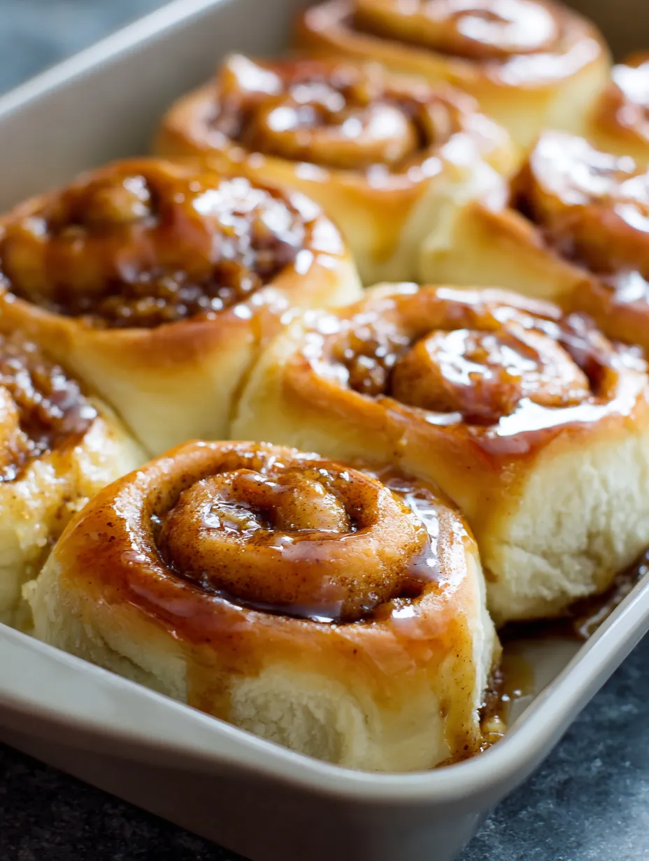 A pan of cinnamon rolls with a glaze.