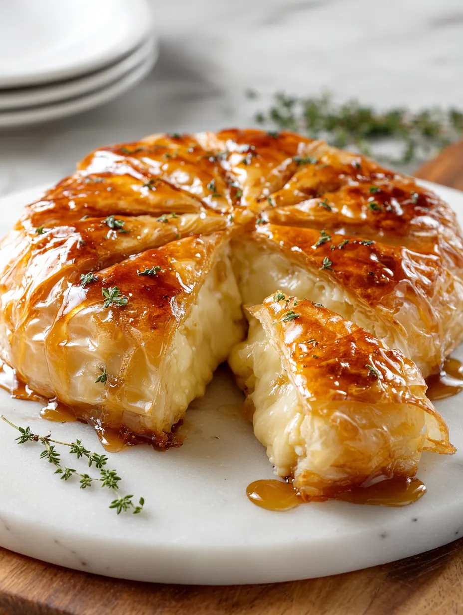 A slice of baked brie in phyllo dough.