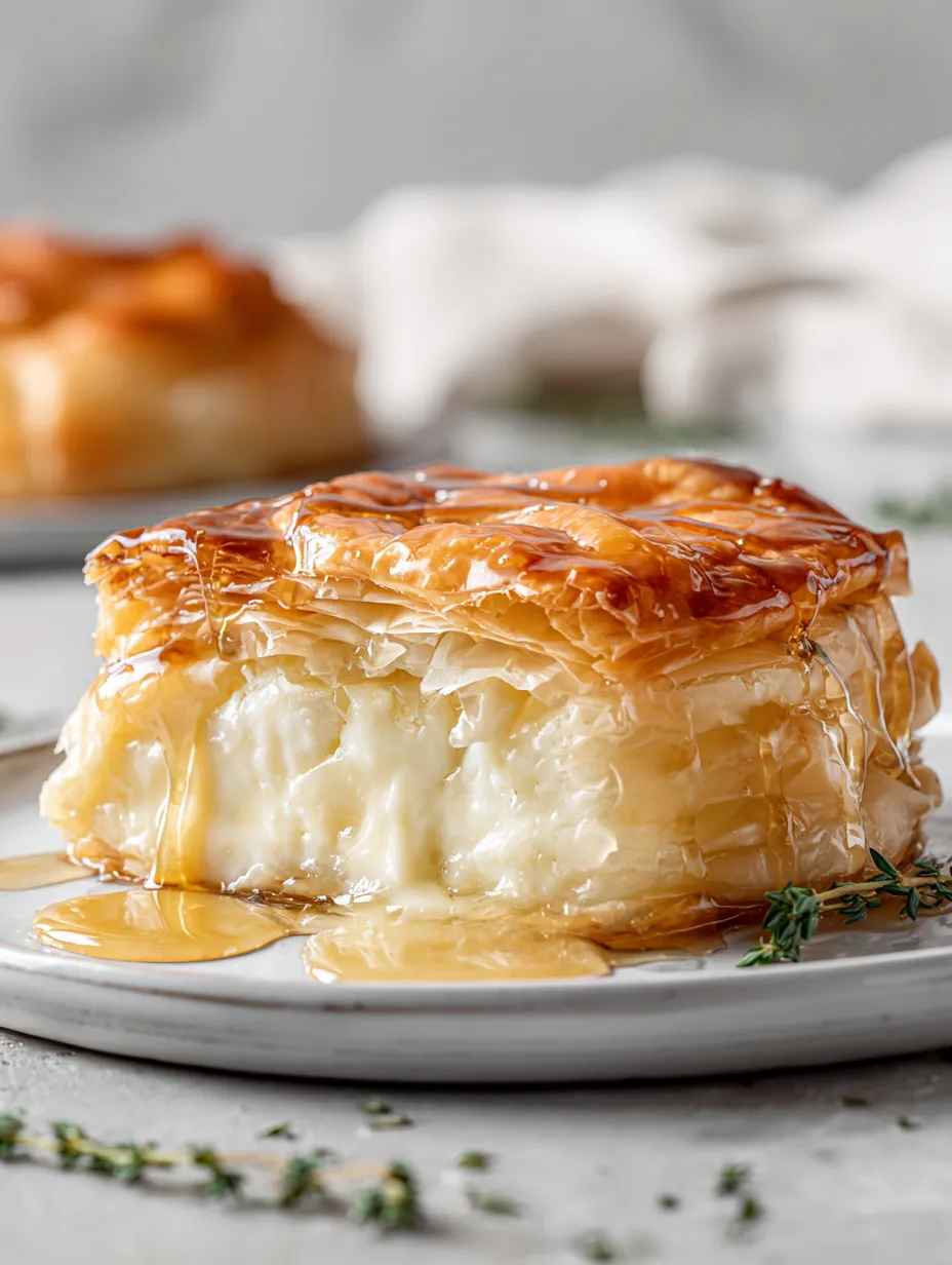 A baked brie in phyllo dough on a plate.