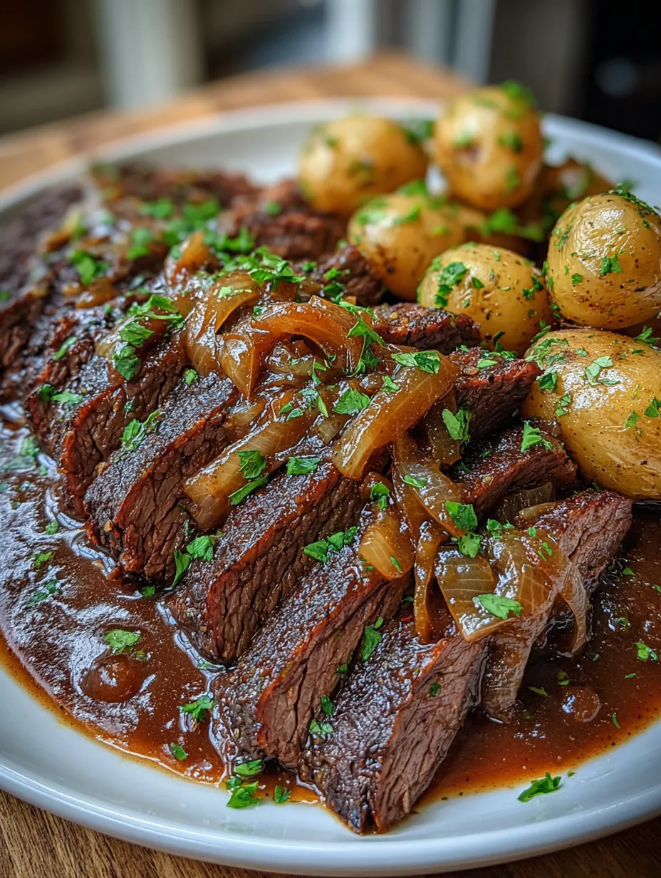 A plate of beef brisket with onions and potatoes.