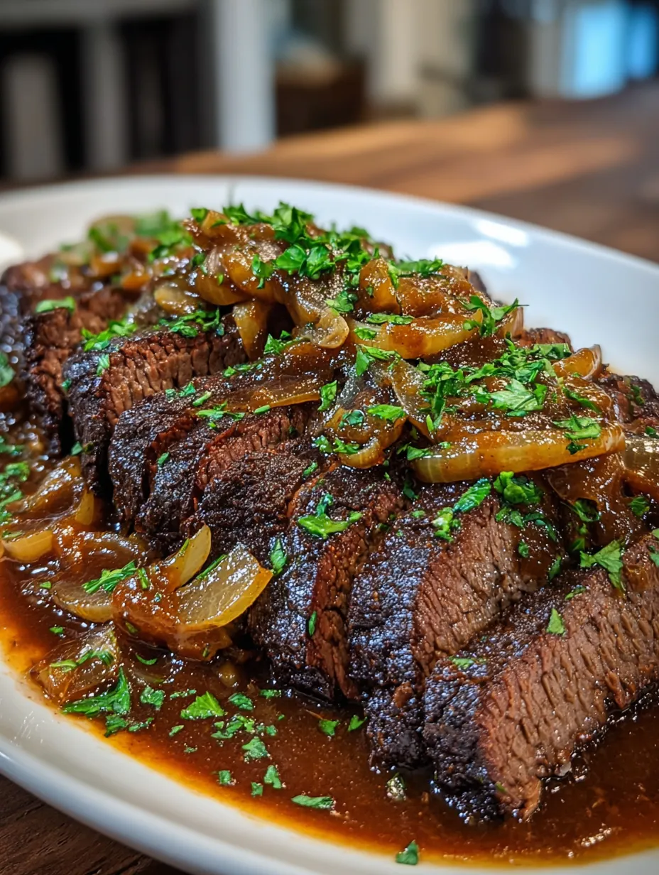 A plate of beef with onions and herbs.