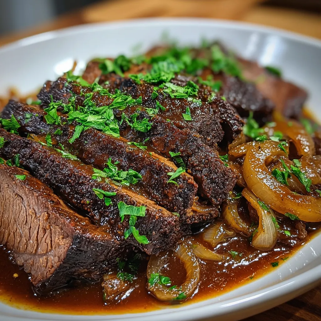 A plate of beef brisket with onions and herbs.