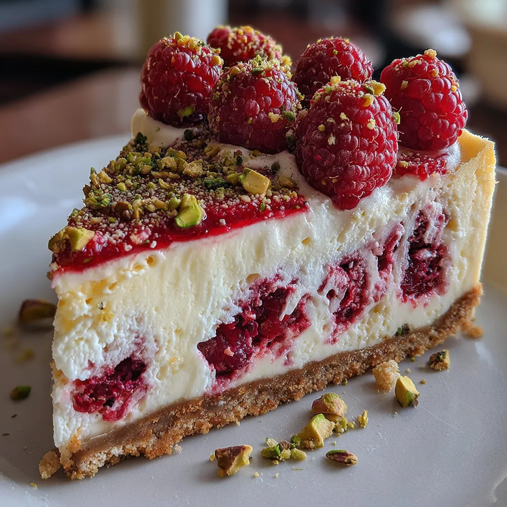 A slice of raspberry pistachio cheesecake.