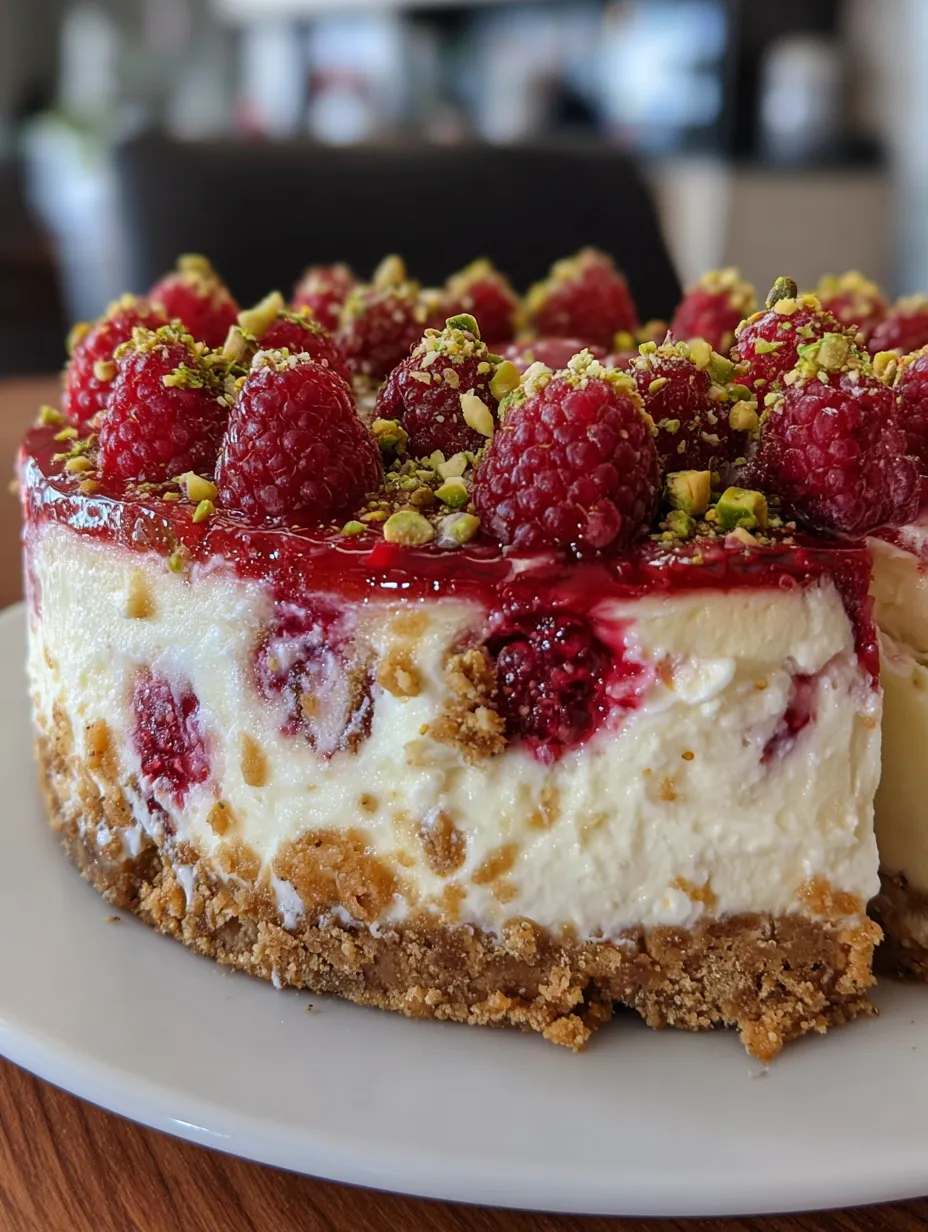 A slice of Raspberry Pistachio Cheesecake.