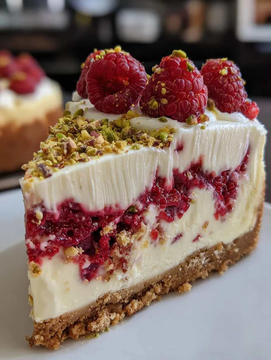 A slice of Raspberry Pistachio Cheesecake.