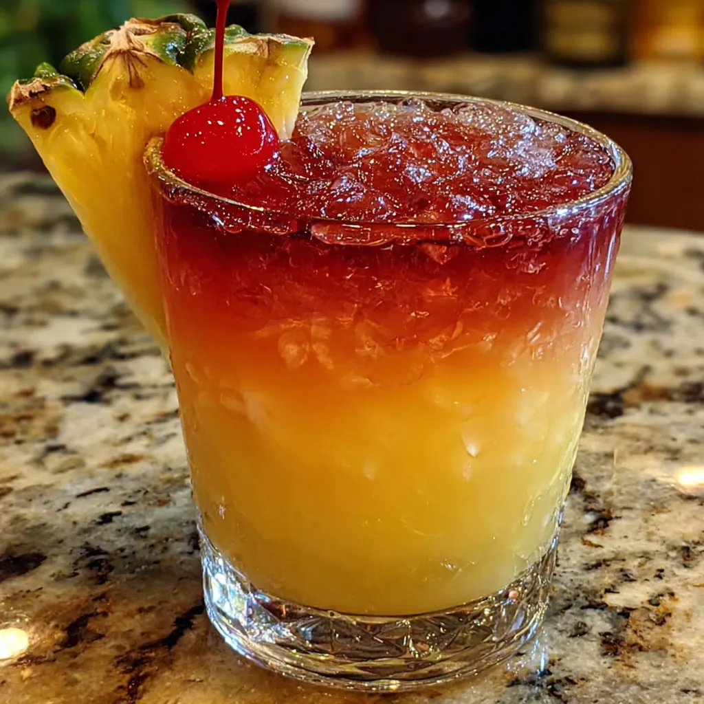 A pineapple sunset shot with a cherry on top.