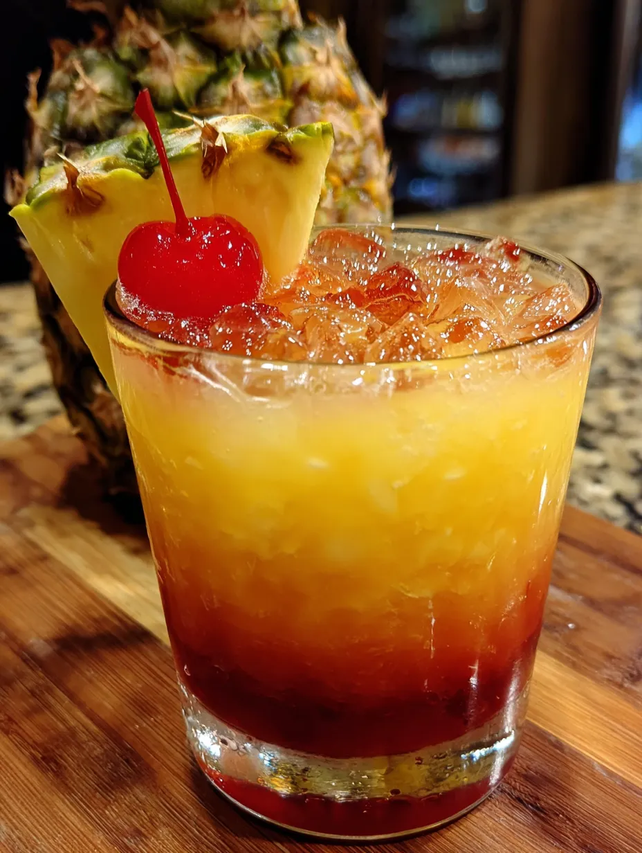 A glass of pineapple juice with a cherry on top.