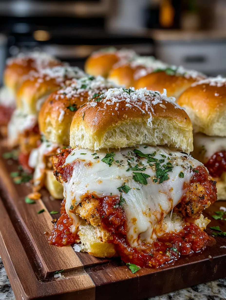 Baked chicken parmesan sliders on a wooden board.