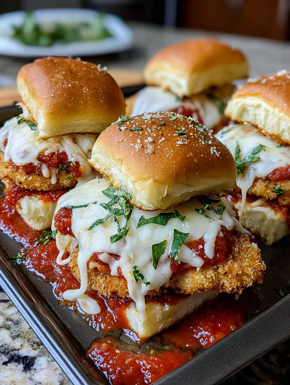 A tray of baked chicken parmesan sliders.