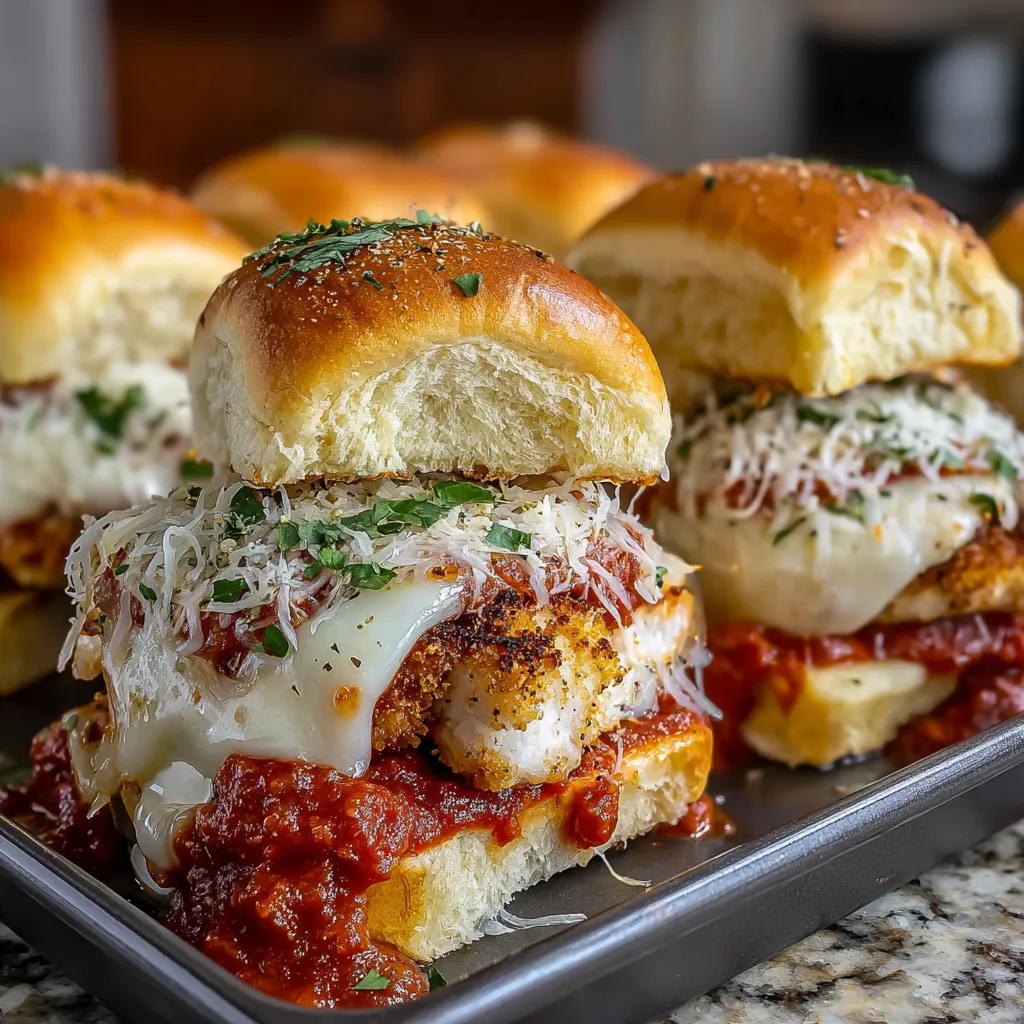A tray of baked chicken parmesan sliders.