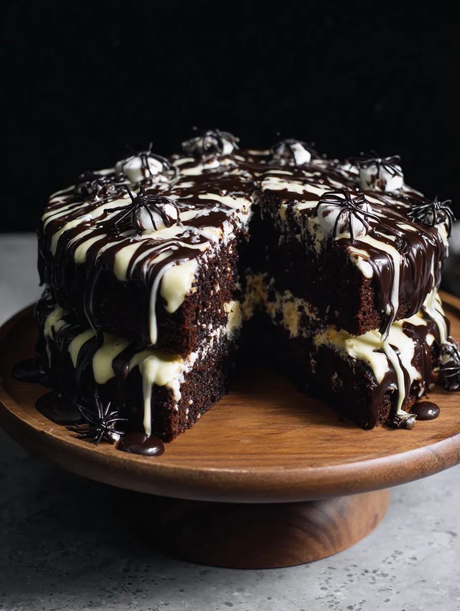 A slice of chocolate cake with white frosting and chocolate drizzle.