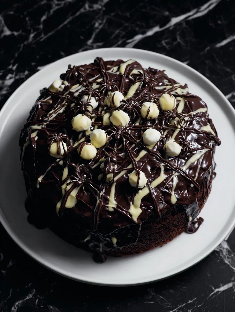 A chocolate cake with white frosting and chocolate drizzle.