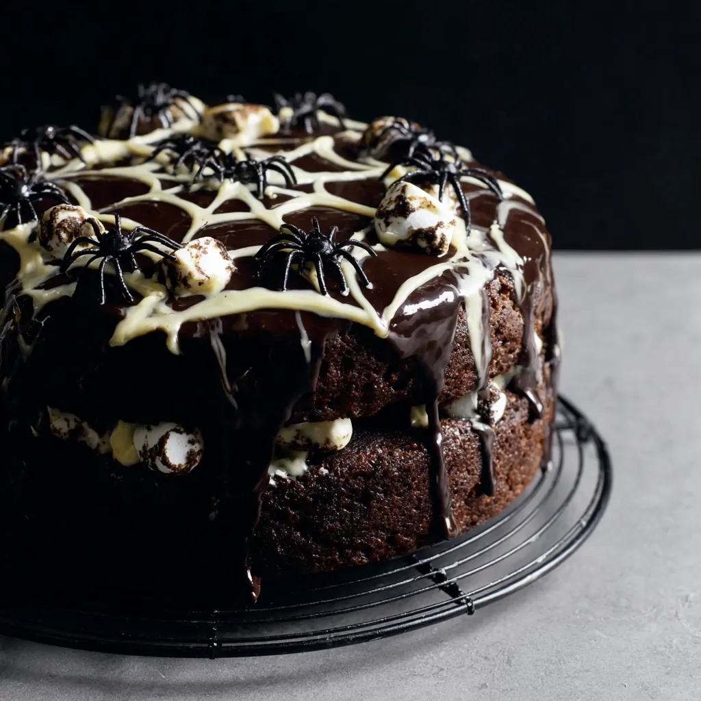A chocolate cake with white frosting and black spiders on top.