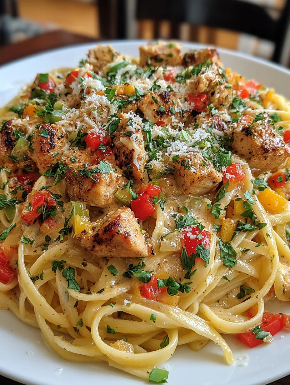 A plate of creamy cowboy chicken linguine.