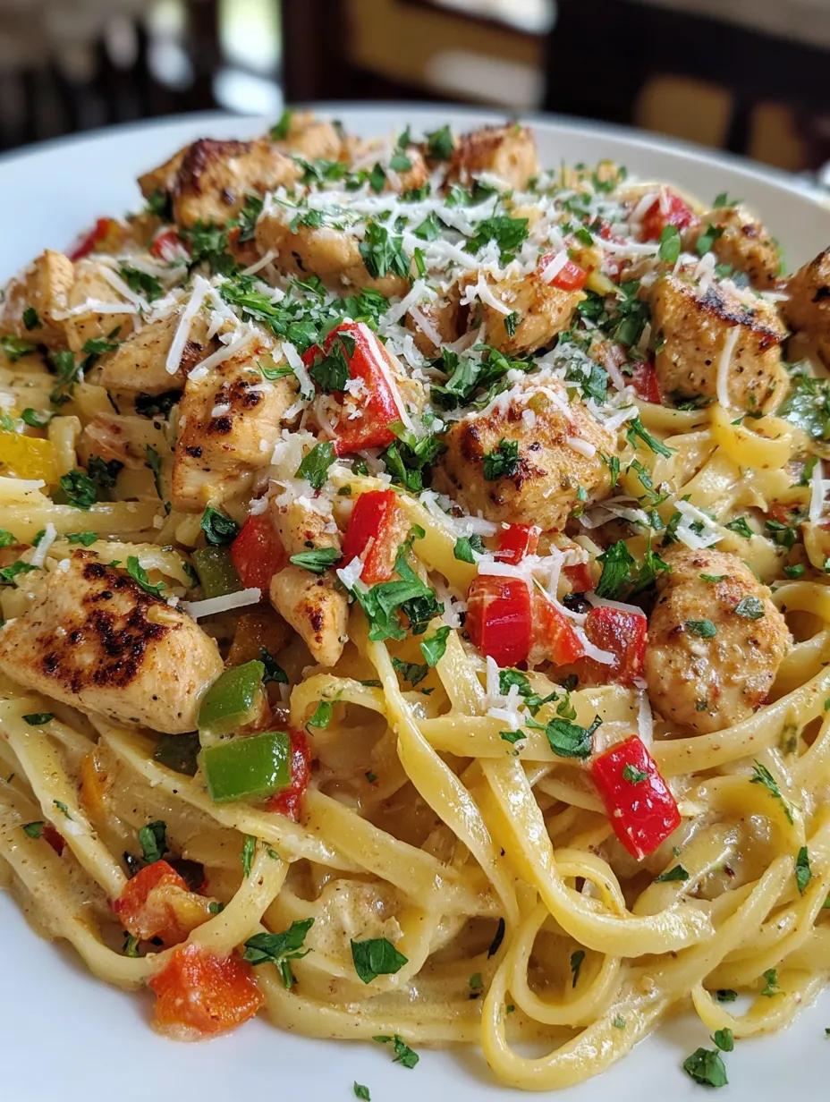 A plate of creamy cowboy chicken linguine.