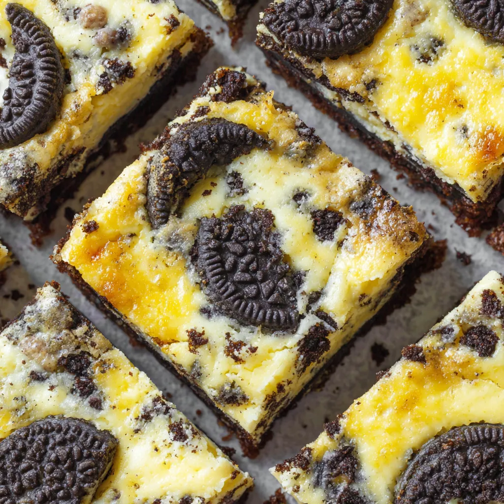A close up of a delicious Oreo cheesecake brownie.