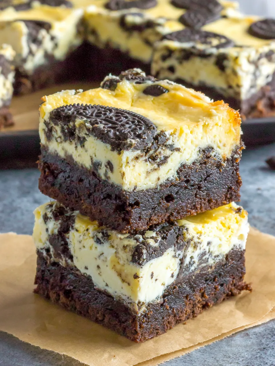 Three pieces of Oreo cheesecake brownies.