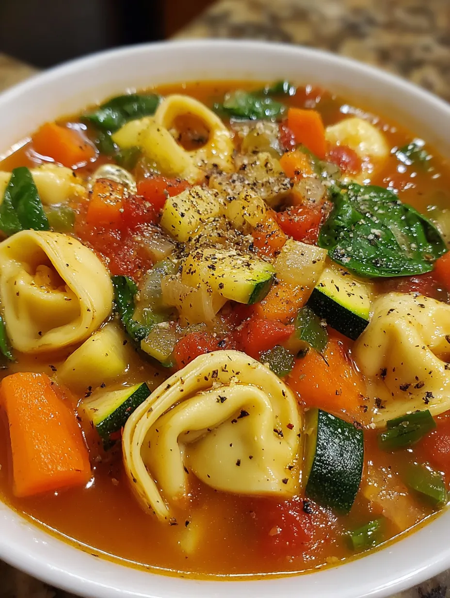 A bowl of soup with pasta, vegetables, and tomatoes.