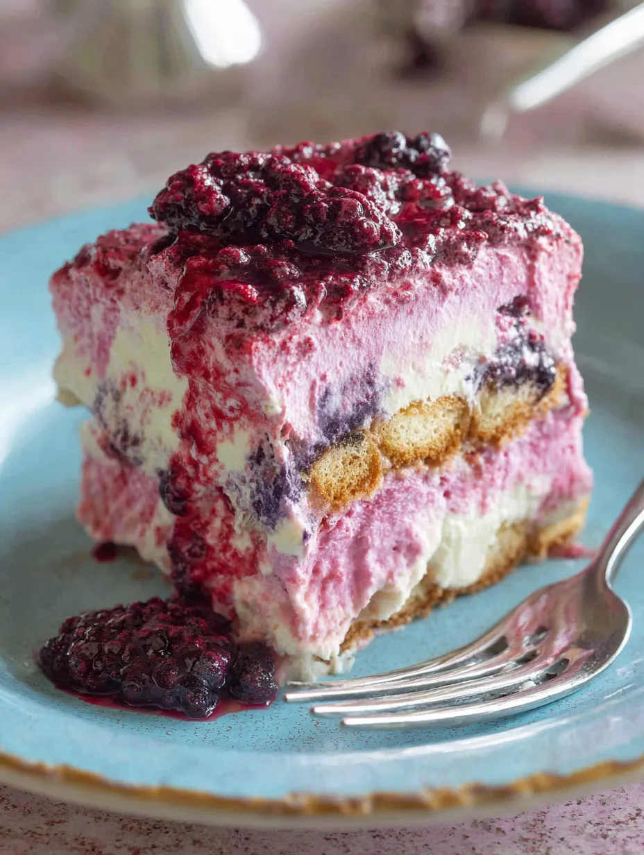 A slice of Bramble Blackberry Tiramisu.