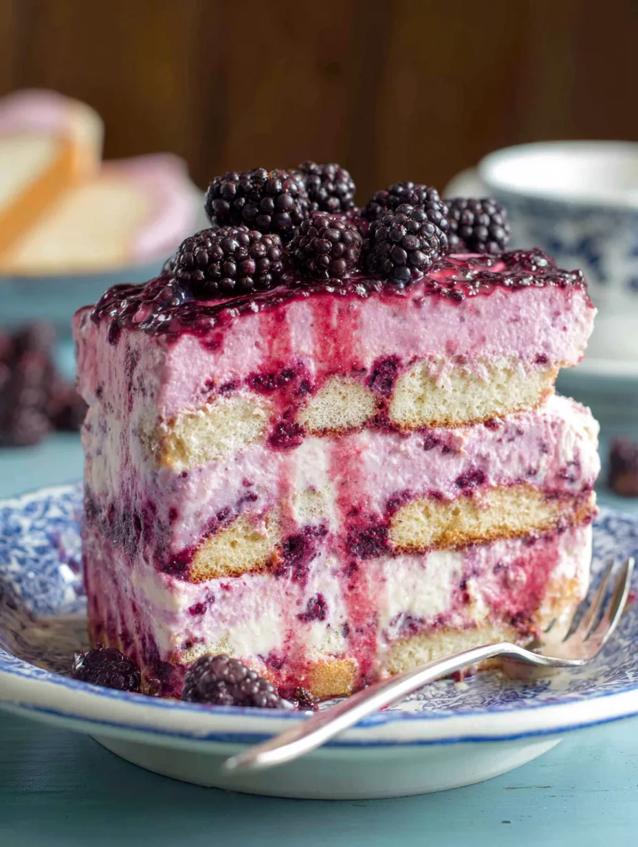 A slice of Bramble Blackberry Tiramisu.