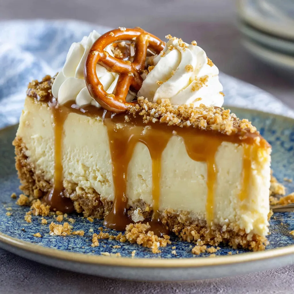 A slice of cheesecake with a caramel sauce drizzle.