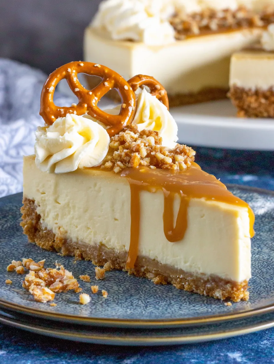 A slice of cheesecake with a pretzel crust and caramel drizzle.