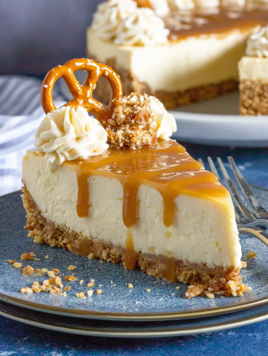 A slice of cheesecake with caramel drizzle and pretzel crust.