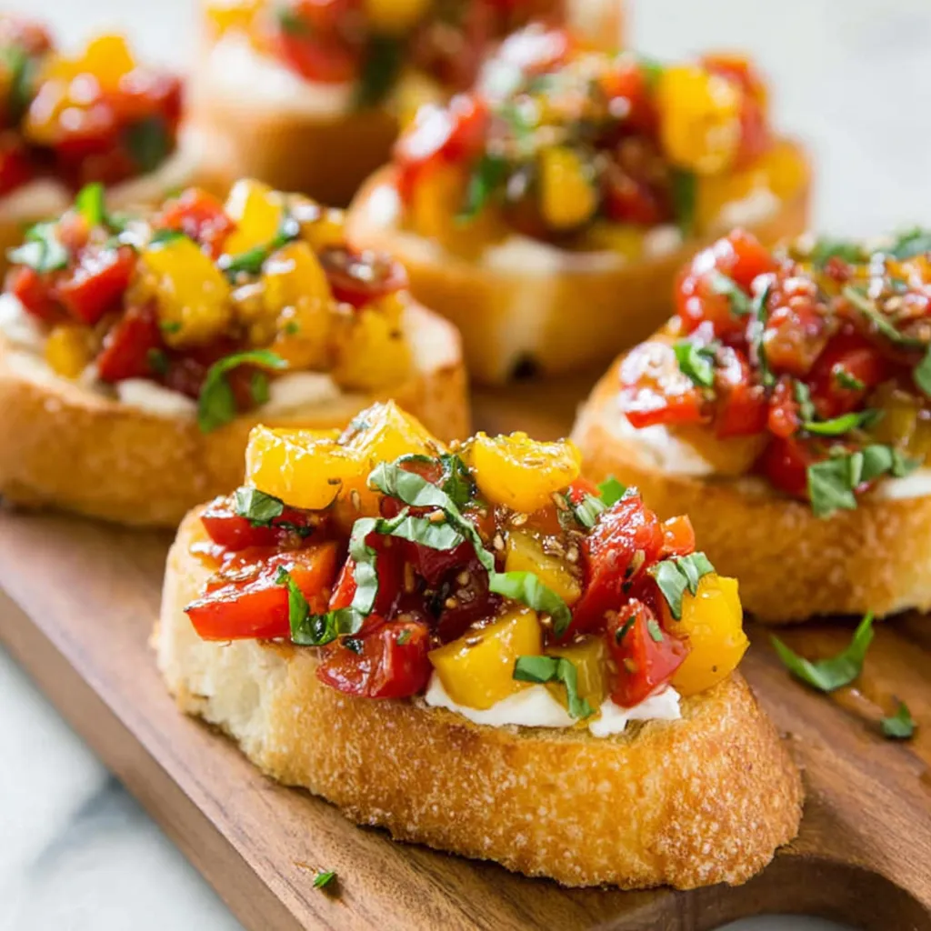 A plate of toasted bread with tomatoes and basil.