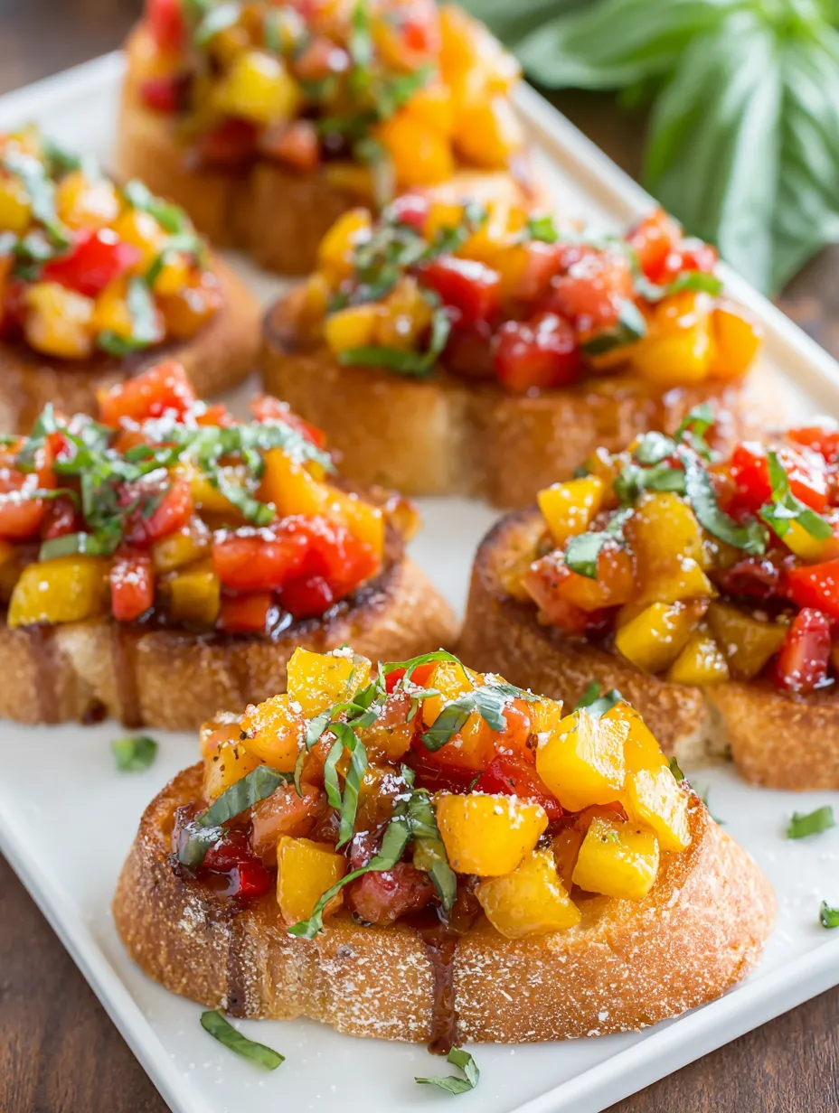 A plate of toasted bread with tomatoes and basil.