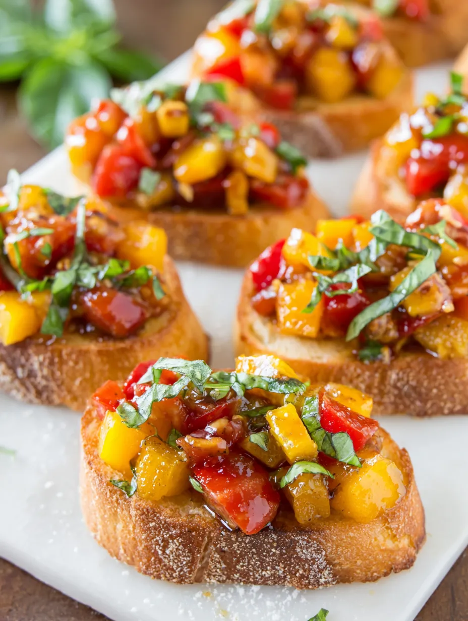 A plate of four toasted bread slices with tomato sauce and basil.