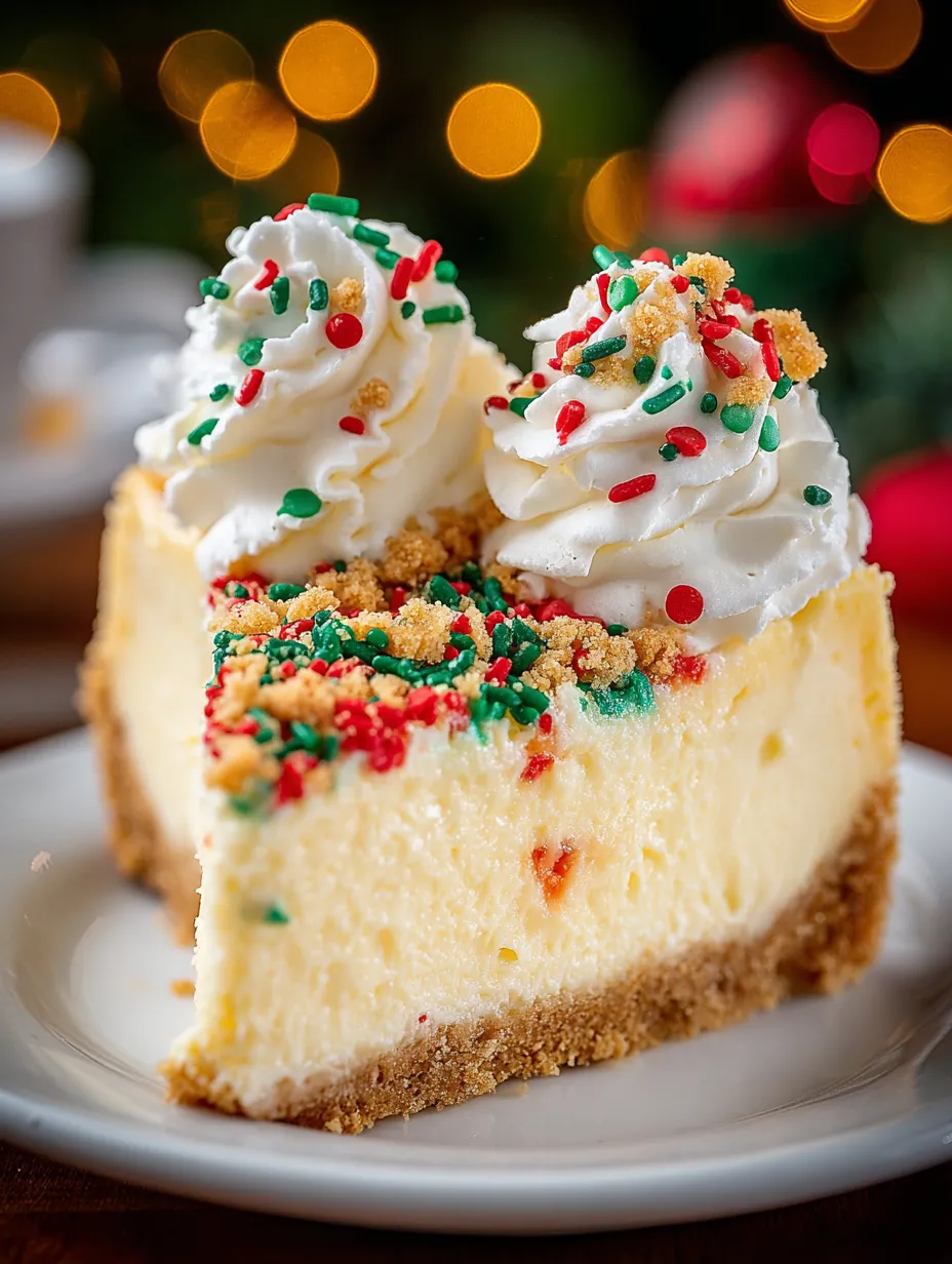 A slice of cheesecake with a little debbie christmas tree on top.