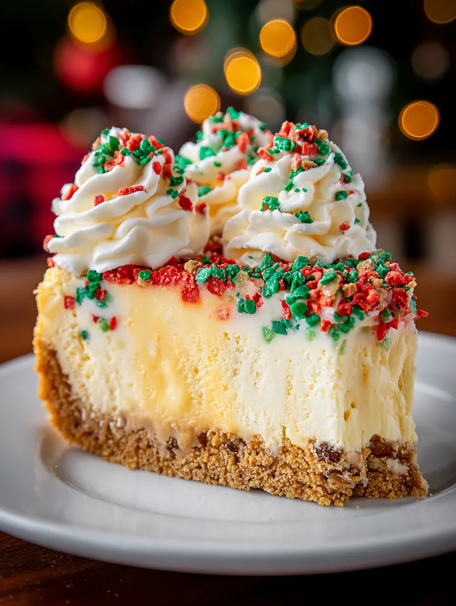 A slice of Christmas tree cheesecake on a plate.