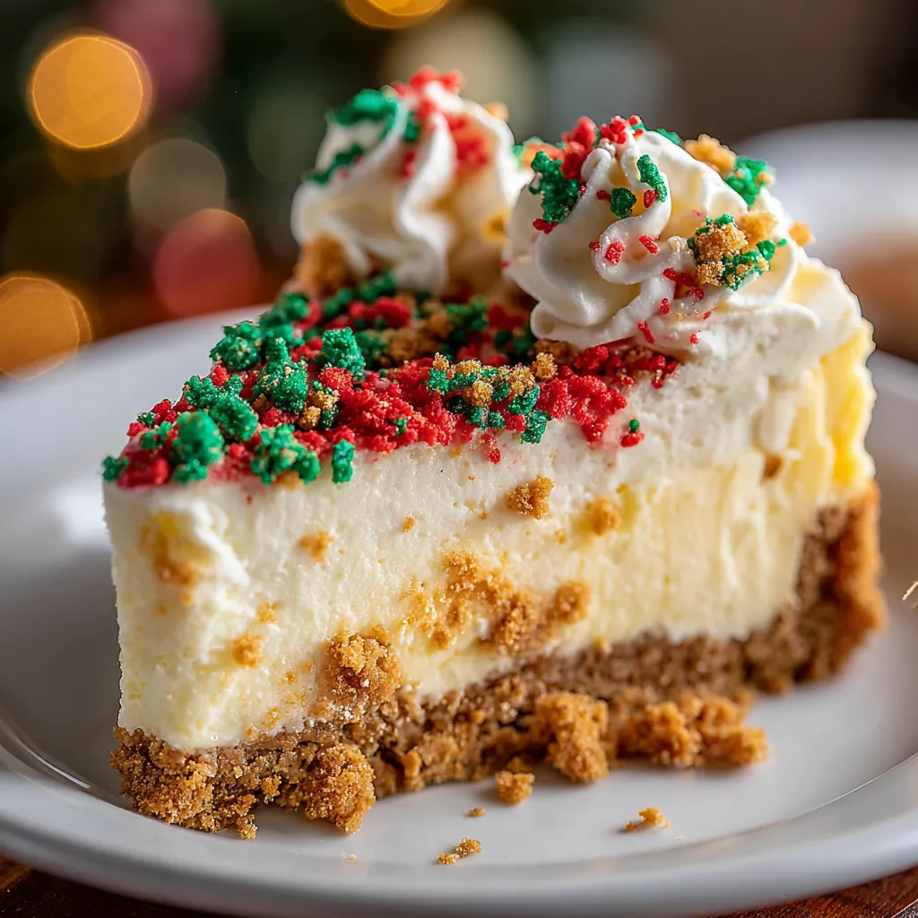 A slice of cheesecake with a Christmas tree decoration on top.