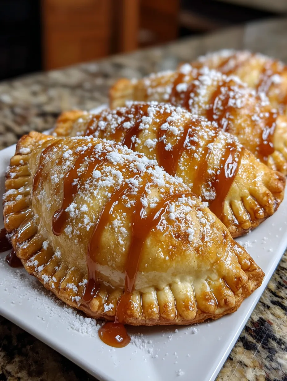 Three apple hand pies with caramel sauce.