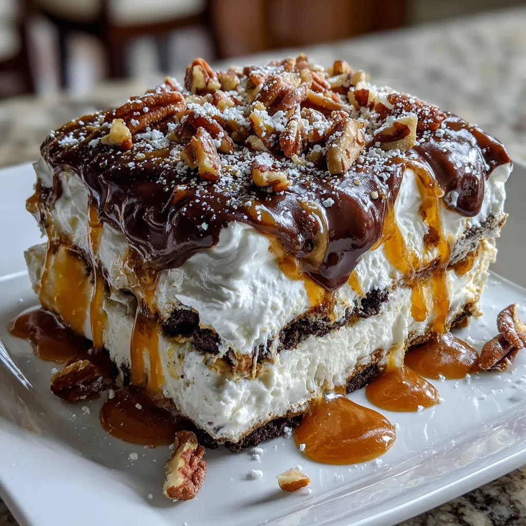 A slice of turtle lasagna dessert.