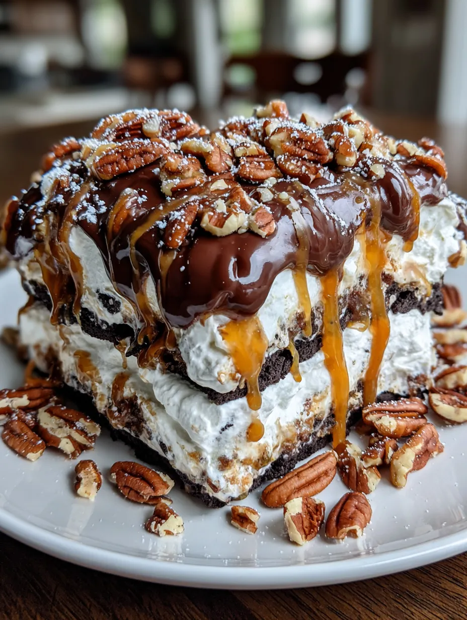 A slice of turtle lasagna dessert.