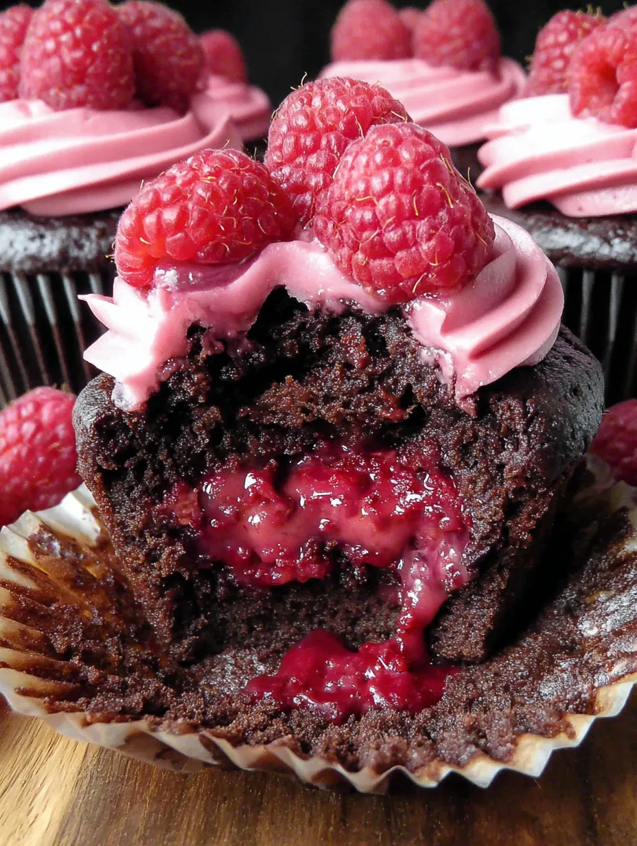 A chocolate cupcake with raspberry sauce on top.
