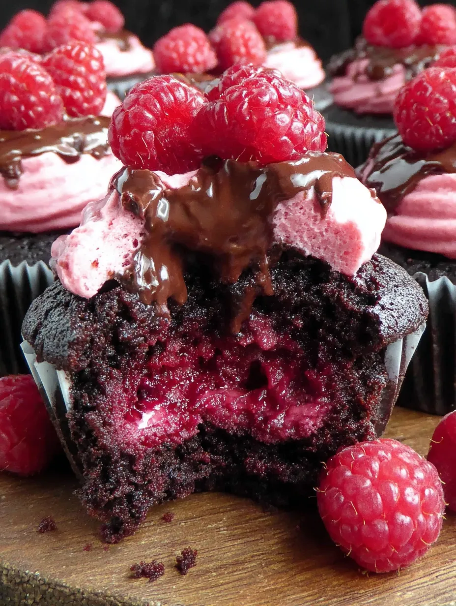 A close up of a chocolate cupcake with raspberries on top.