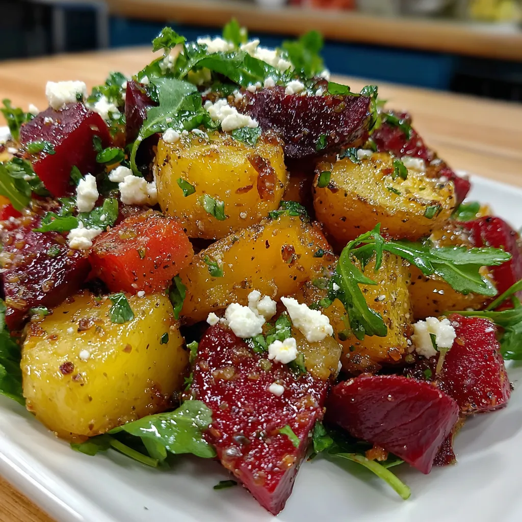 A plate of potato and beet salad.