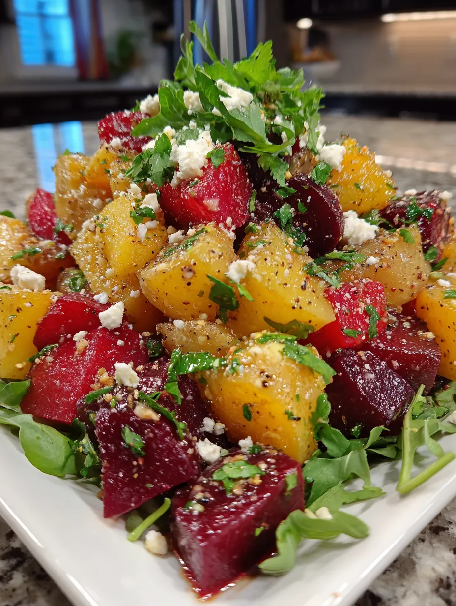 A plate of potato and beet salad.
