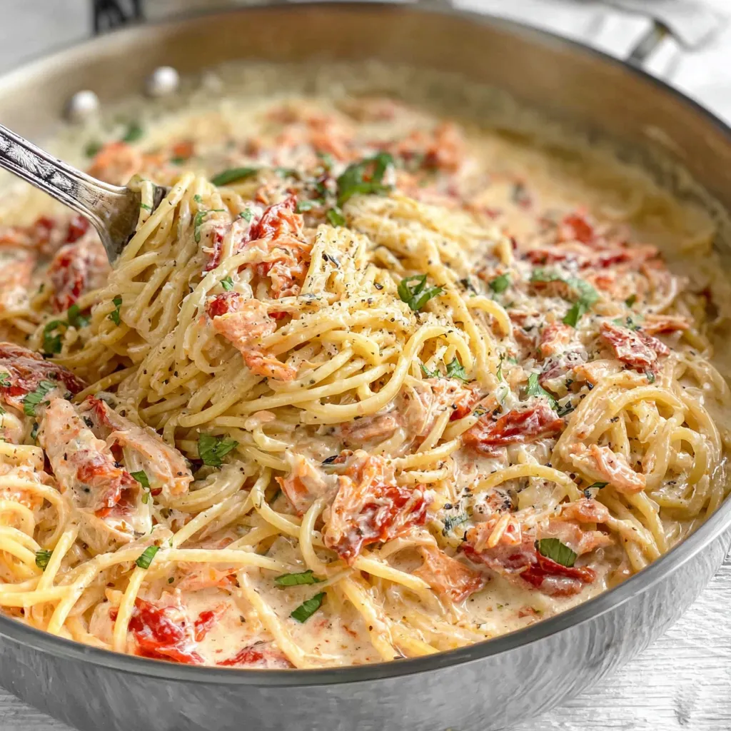A one-pan sun-dried tomato pasta dish.